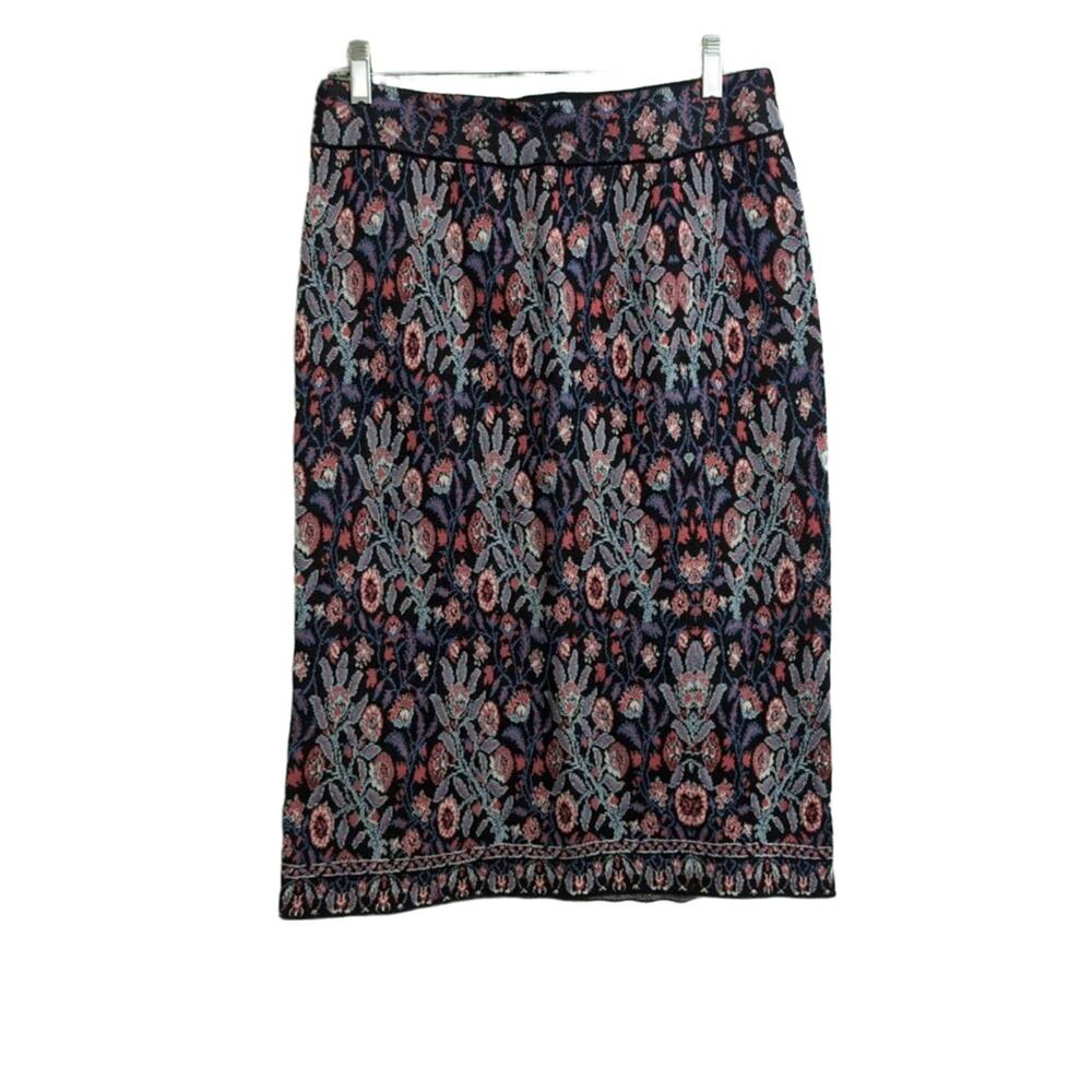 PERUVIAN CONNECTION Black Multi-Color Floral Paisley Knit Pencil Skirt Medium